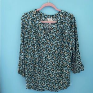 St. John’s Bay- Floral Blue Blouse, V-Neck and 5 Button Neckline